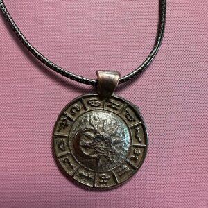Greek Bronze Zodiac Pendant Necklace Black Vegan Leather Cord Extender